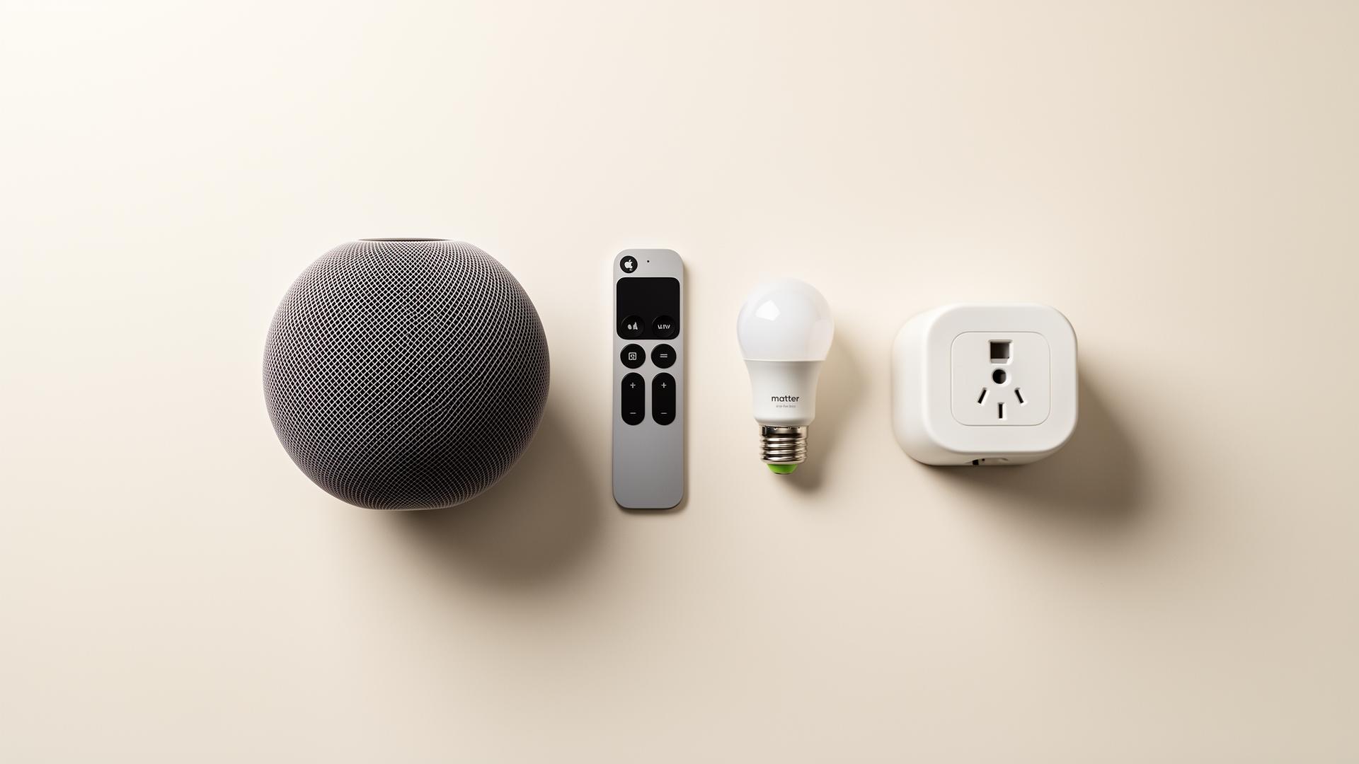 Flat-lay of HomePod mini, Apple TV remote, Matter bulb, and smart plug on a clean surface