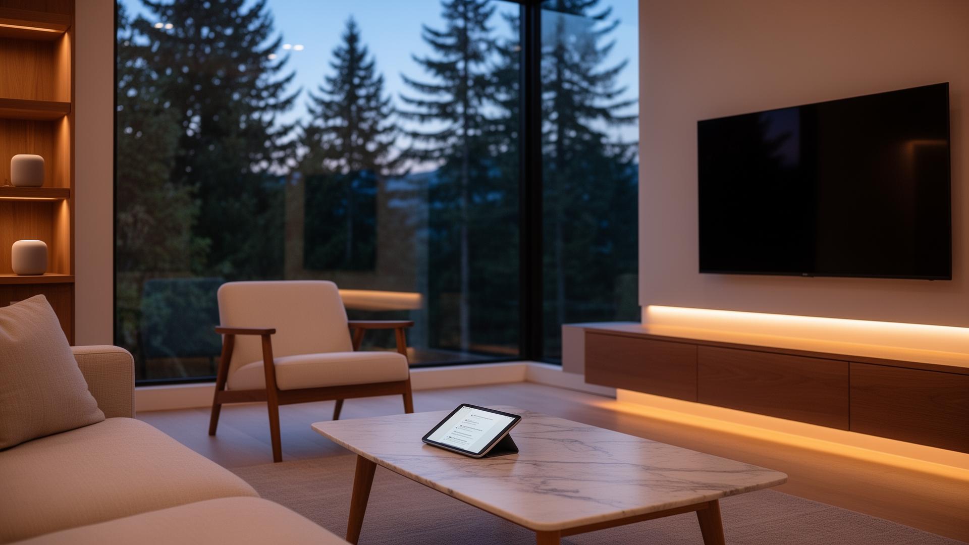 Modern Pacific Northwest living room with HomePod, ambient lighting, and Apple Home tablet on the coffee table