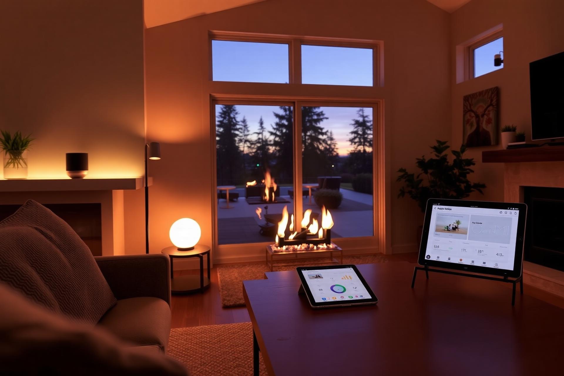 Modern Pacific Northwest living room with ambient lighting, a smart speaker, and a tablet on the coffee table